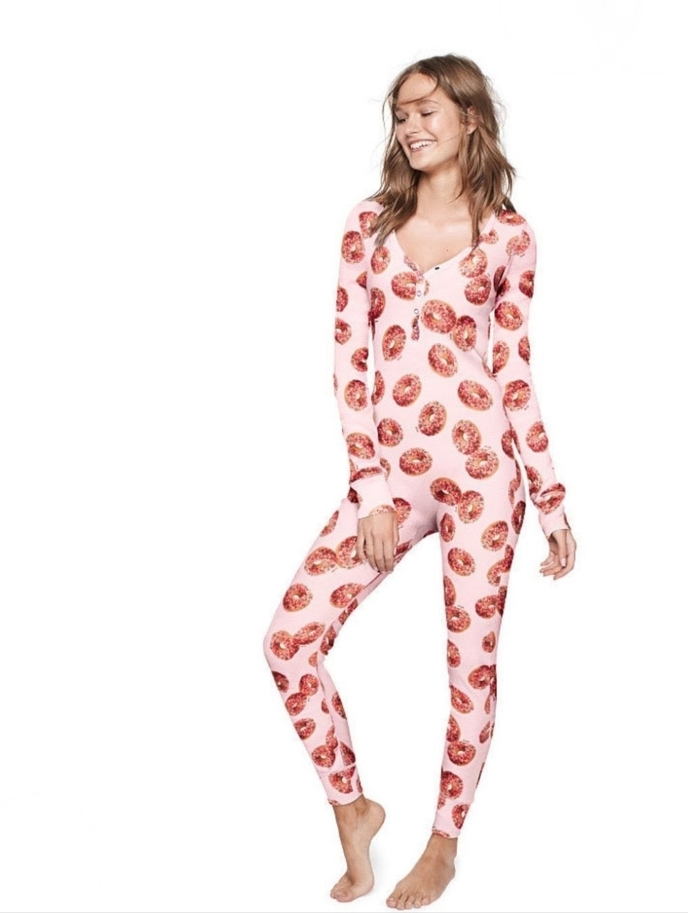 Victoria's Secret PINK Pink Donut Print Long Sleeve Thermal Waffle Knit Onesie M